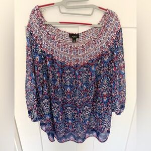 ALYX 2X Boho Peasant Blouse Red White Blue Paisley Plus Size Lightweight Top